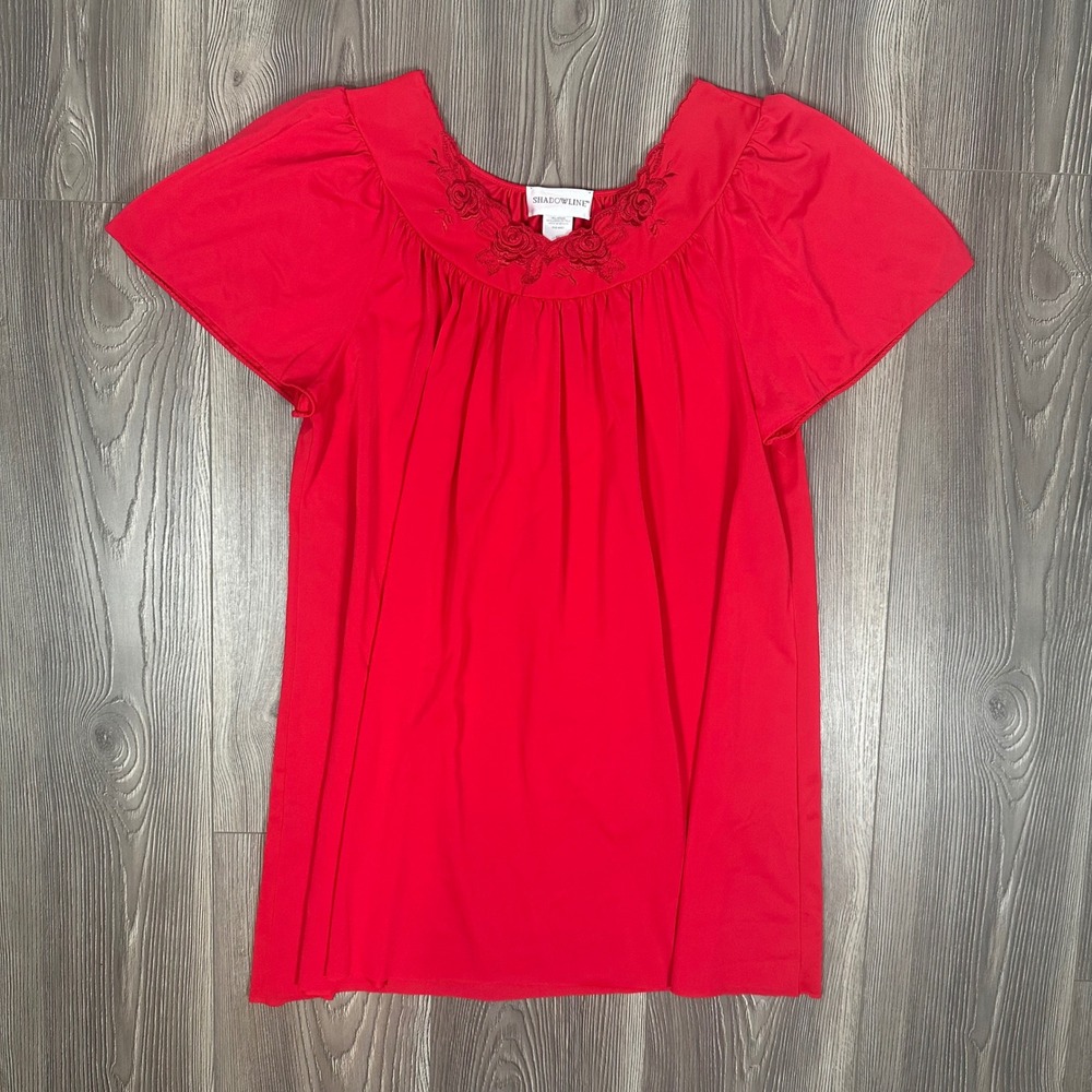 Red Short Nightgown Dress with Red Embroidered Flowers - SIZE M Feminine